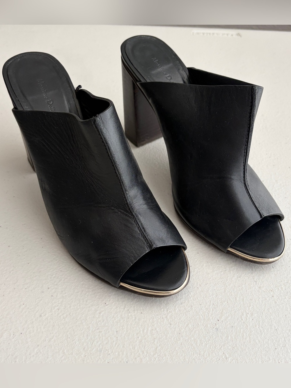 Massimo Dutti Black Leather Block Heel Mule Sandals 39